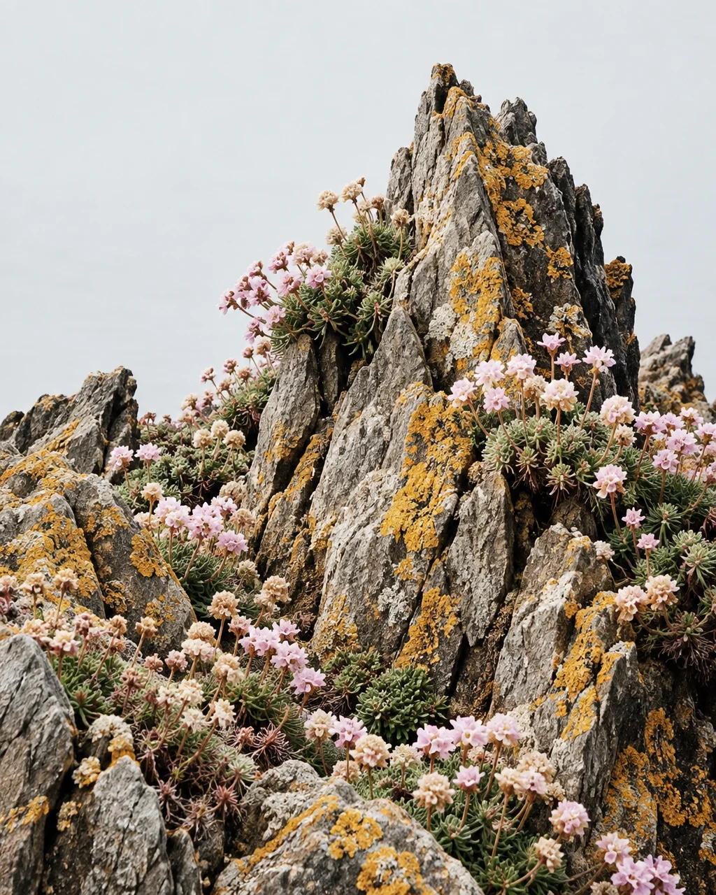 Delicate pink sea thrift blossoms and yellow lichen grow across steep, weathered coastal rocks under an overcast sky.