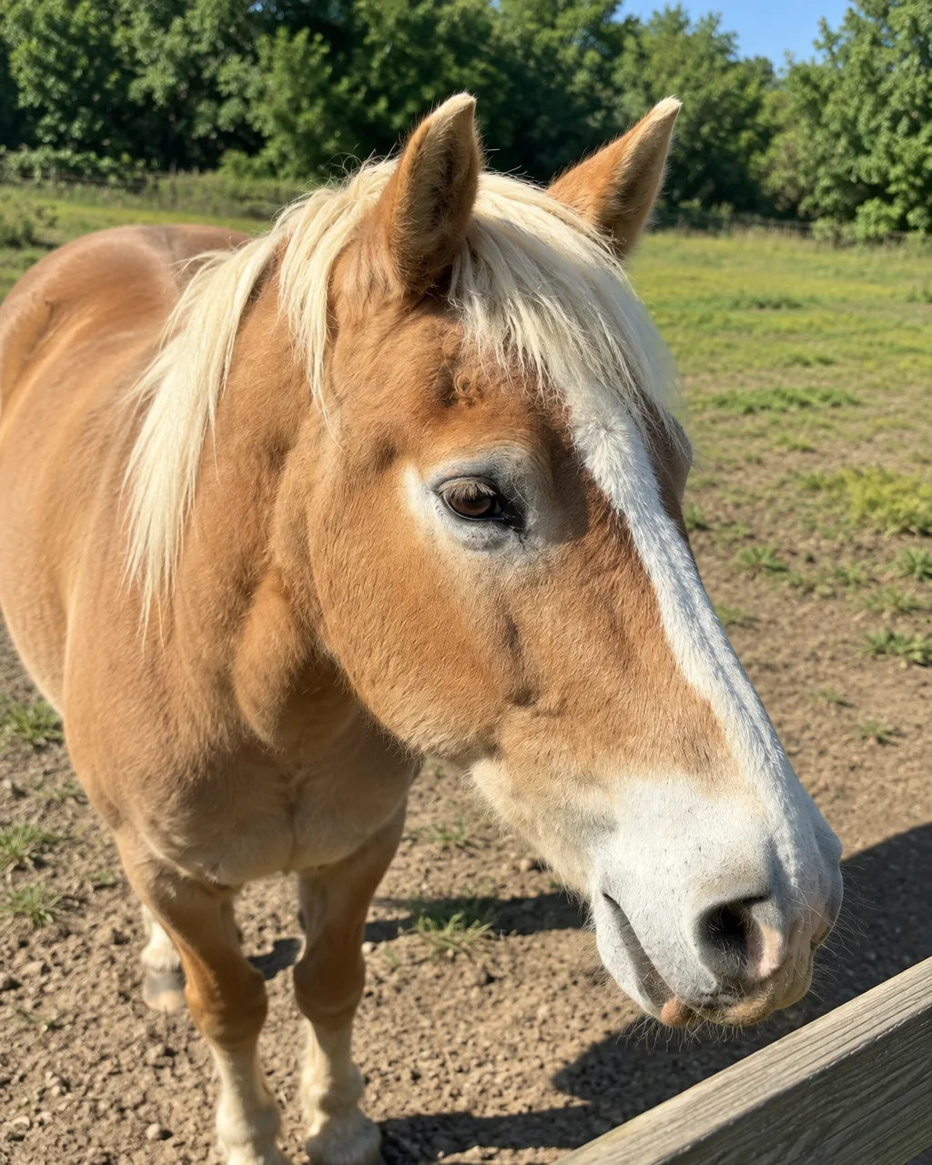A light chestnut horse with a blonde mane and white blaze stands in a sunlit pasture beside a wooden fence.