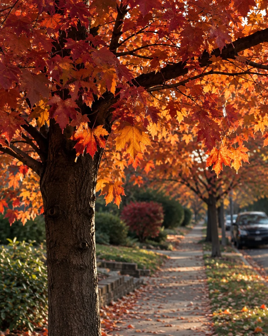 A suburban sidewalk bathed in warm light beneath the vibrant red and orange leaves of autumn maple trees.