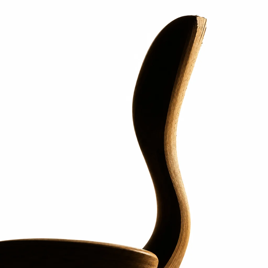 A backlit studio detail of a smoothly curved wooden chair back against a stark white background.