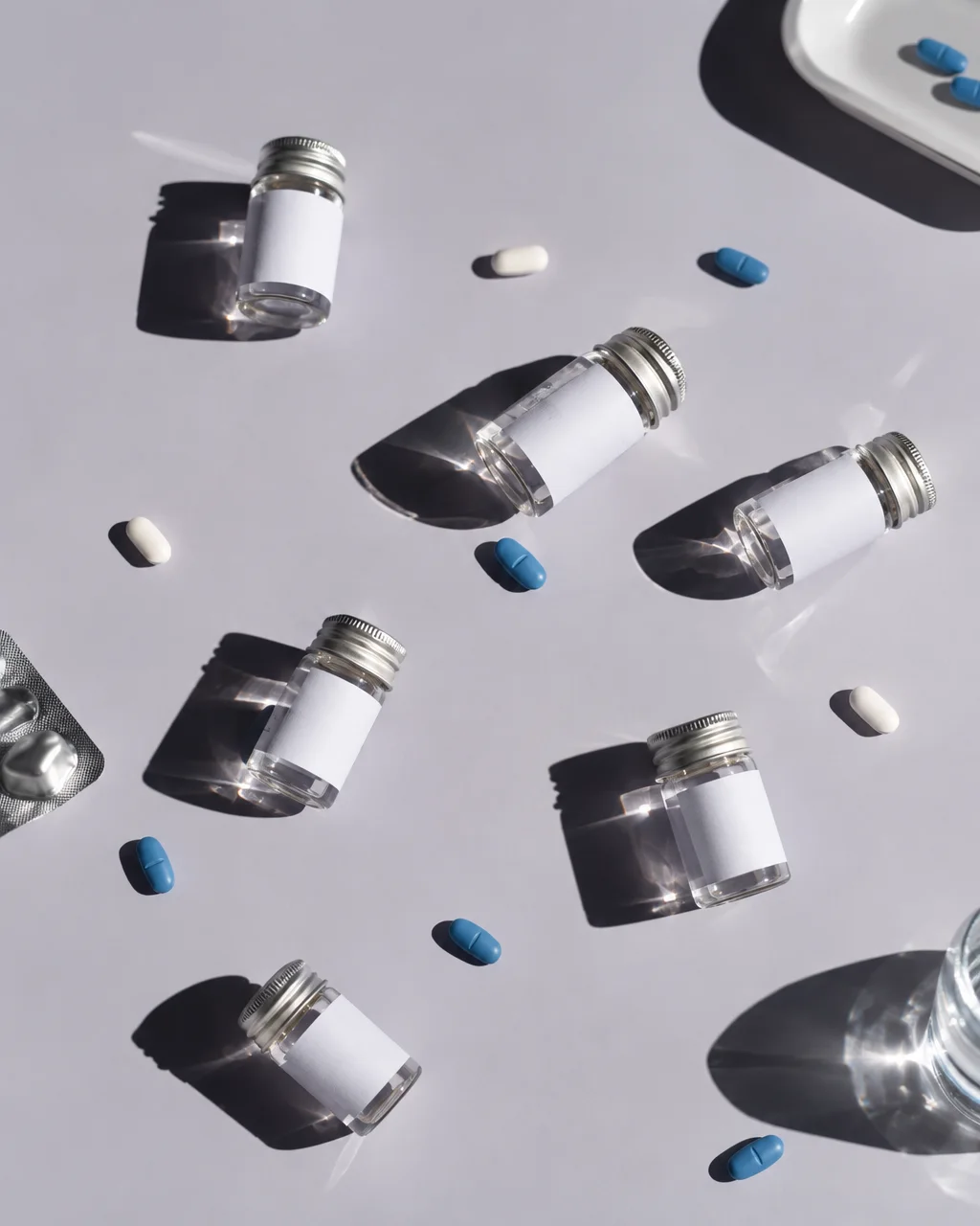 Small glass vials with blank white labels arranged diagonally alongside blue and white pills casting sharp shadows across a neutral grey background.