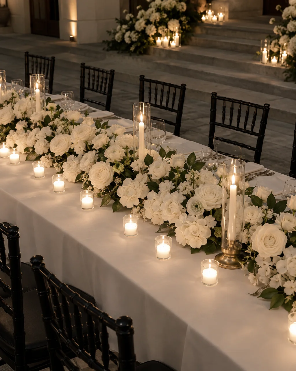 A long dinner table decorated with a dense runner of white roses, hydrangeas, and glowing glass-enclosed candles.