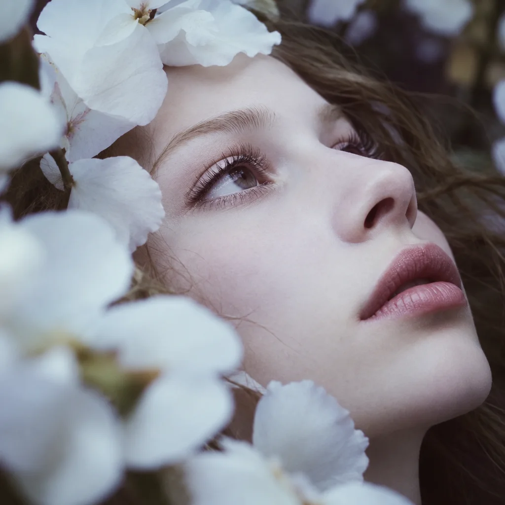 A close-up portrait of a young woman with delicate features looking upward, softly framed by blooming white petals.