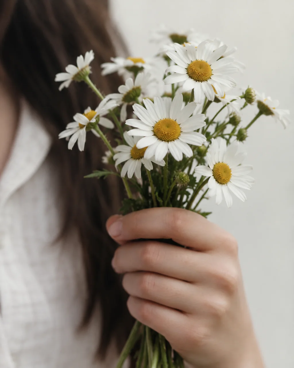 A person holds a small bouquet of freshly gathered white daisies in front of a white shirt.