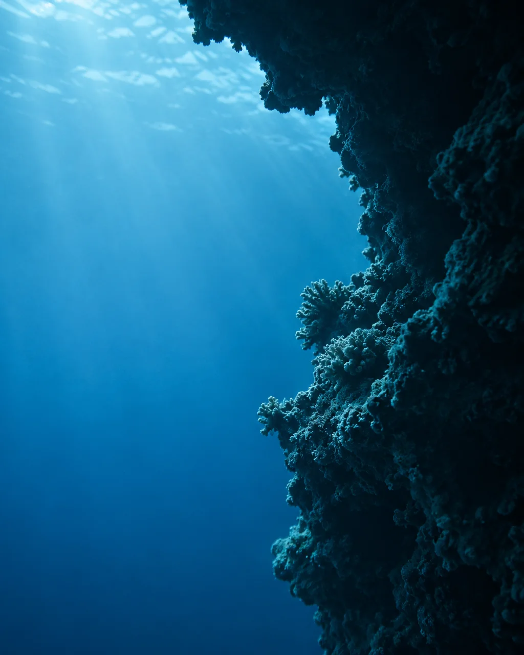 A textured coral reef wall drops into deep blue ocean water beneath soft light filtering from the surface.