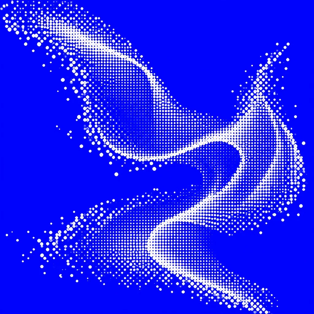 A flowing ribbon of white halftone dots twisting dynamically across a solid vivid blue background.
