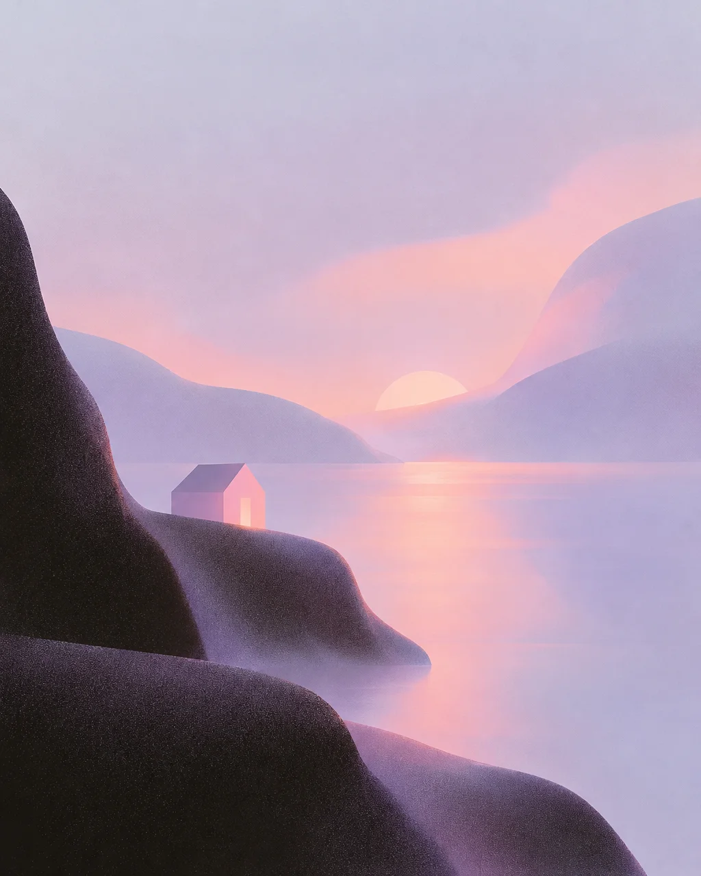 A solitary minimalist cabin glows softly on a cliffside overlooking calm water under a pastel pink and lavender sunrise.