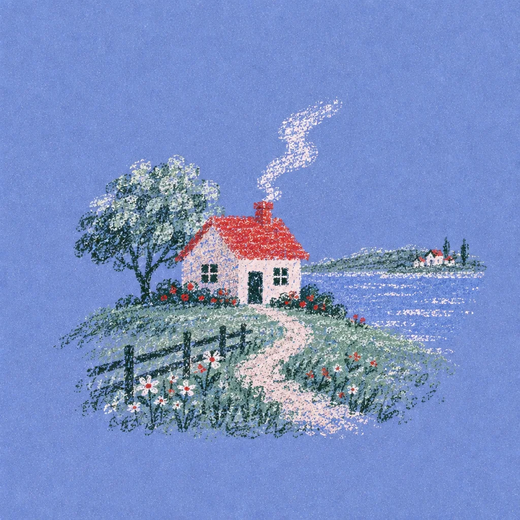 A stippled illustration of a cozy red-roofed cottage with a smoking chimney on a grassy hill overlooking a lake.