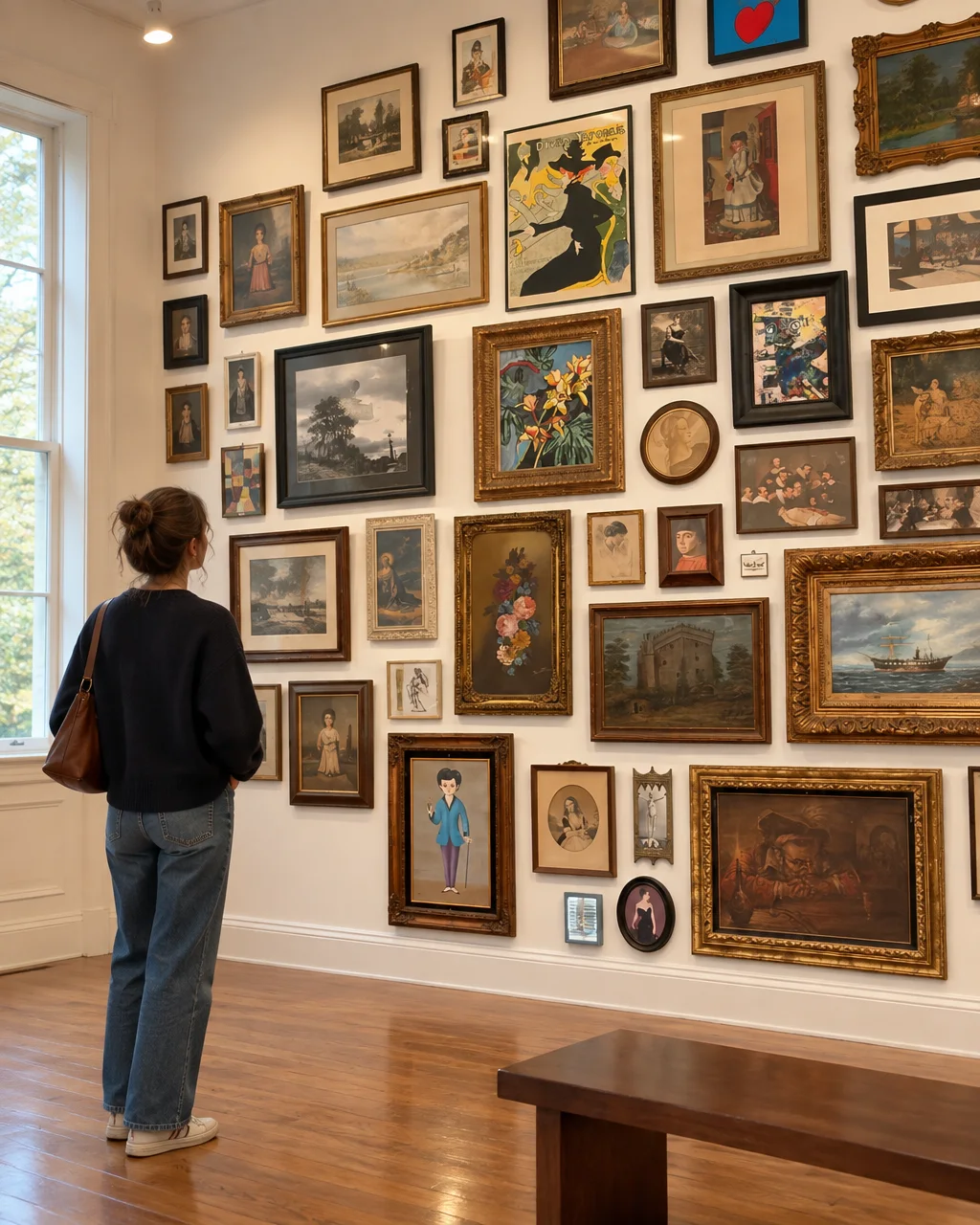 A woman viewed from behind looks up at a dense salon-style wall of framed paintings inside a bright gallery space.