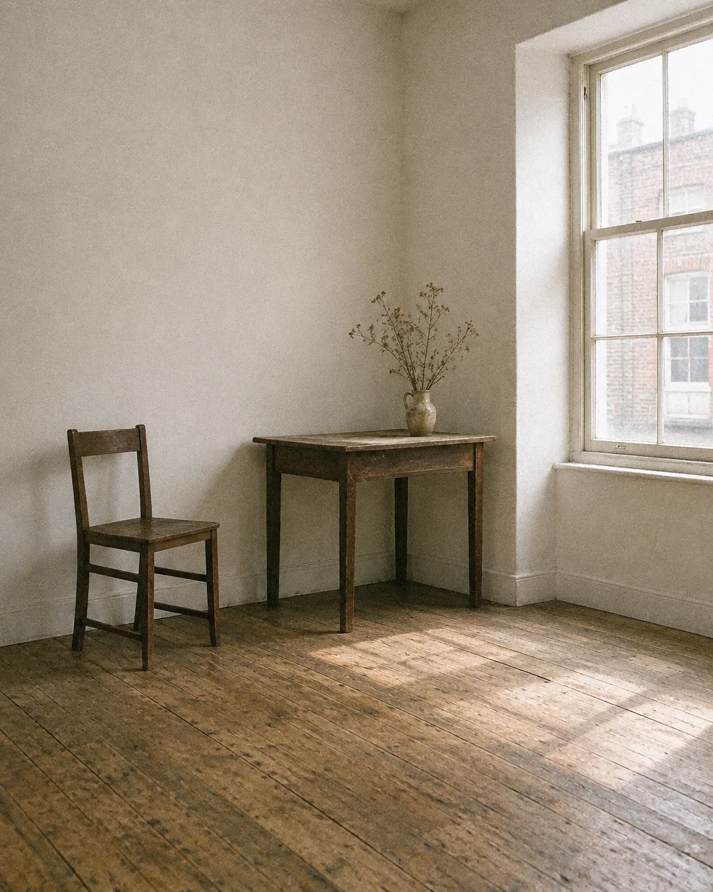 A rustic wooden chair and small table with dried flowers in a ceramic jug sit in an airy, sunlit room with wide wooden floorboards.
