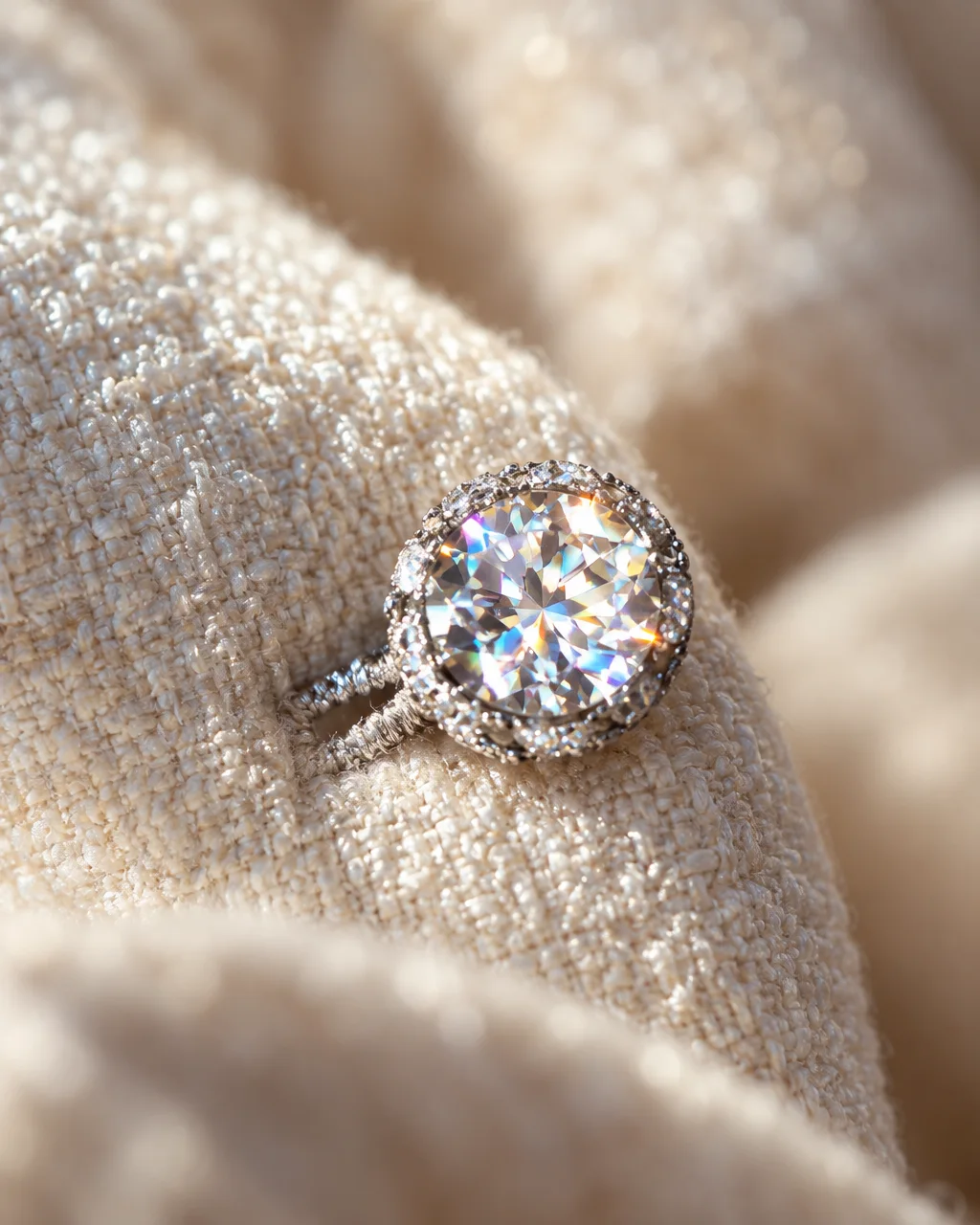 A brilliant round diamond ring with a halo setting catches sparkling light while resting in the folds of textured cream fabric.