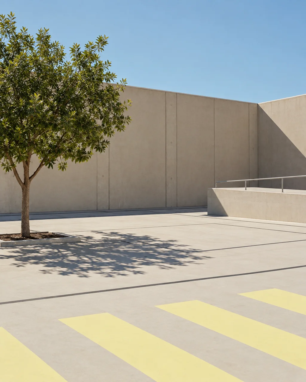A solitary green tree casts a dark shadow across an open concrete courtyard bordered by minimalist architectural walls and soft yellow ground markings.