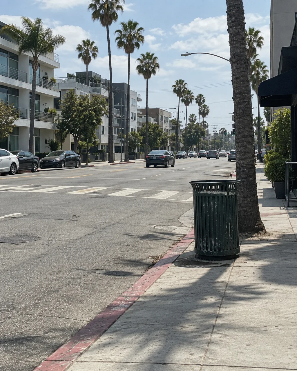 A sunny city street lined with tall palm trees, modern residential buildings, and driving cars next to a concrete sidewalk.