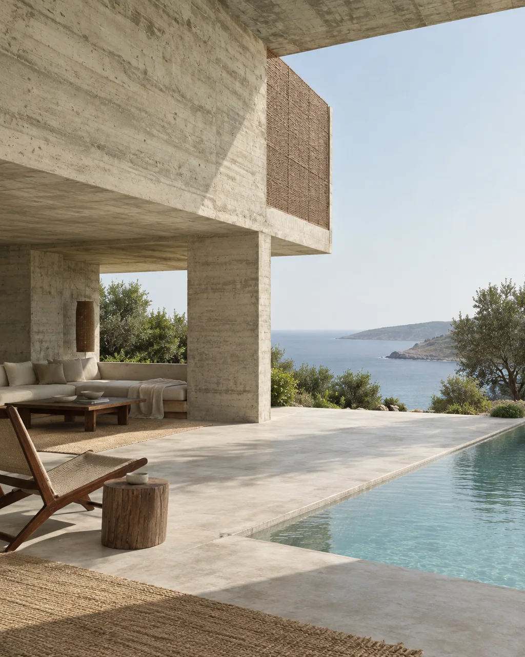 A minimalist concrete villa terrace features an open outdoor lounge and pool overlooking a calm Mediterranean sea view.