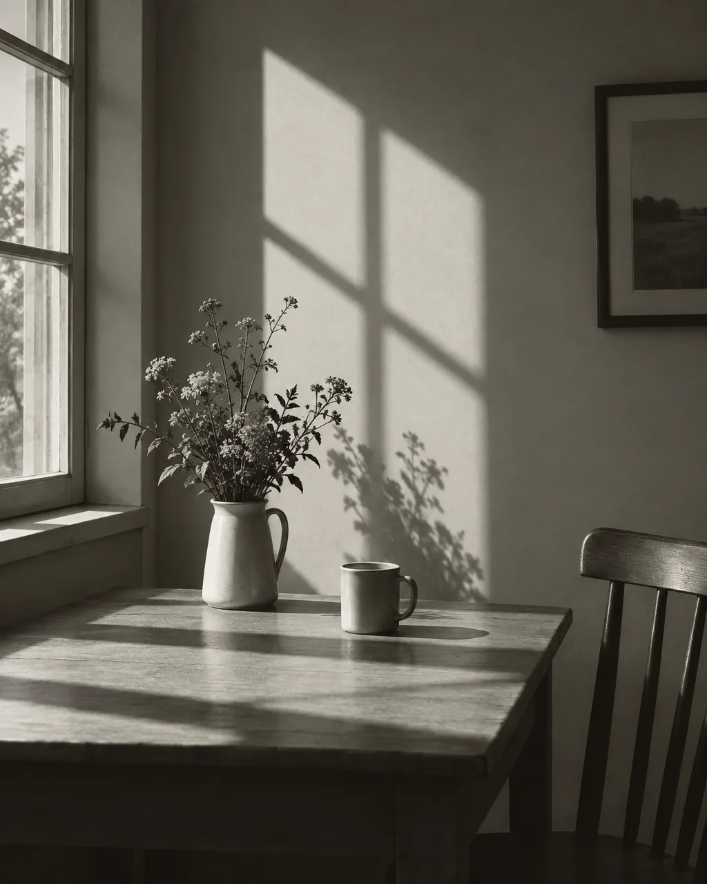 A ceramic pitcher with wildflowers and a mug sit on a wooden table beside a window, casting soft shadows against the plain wall.