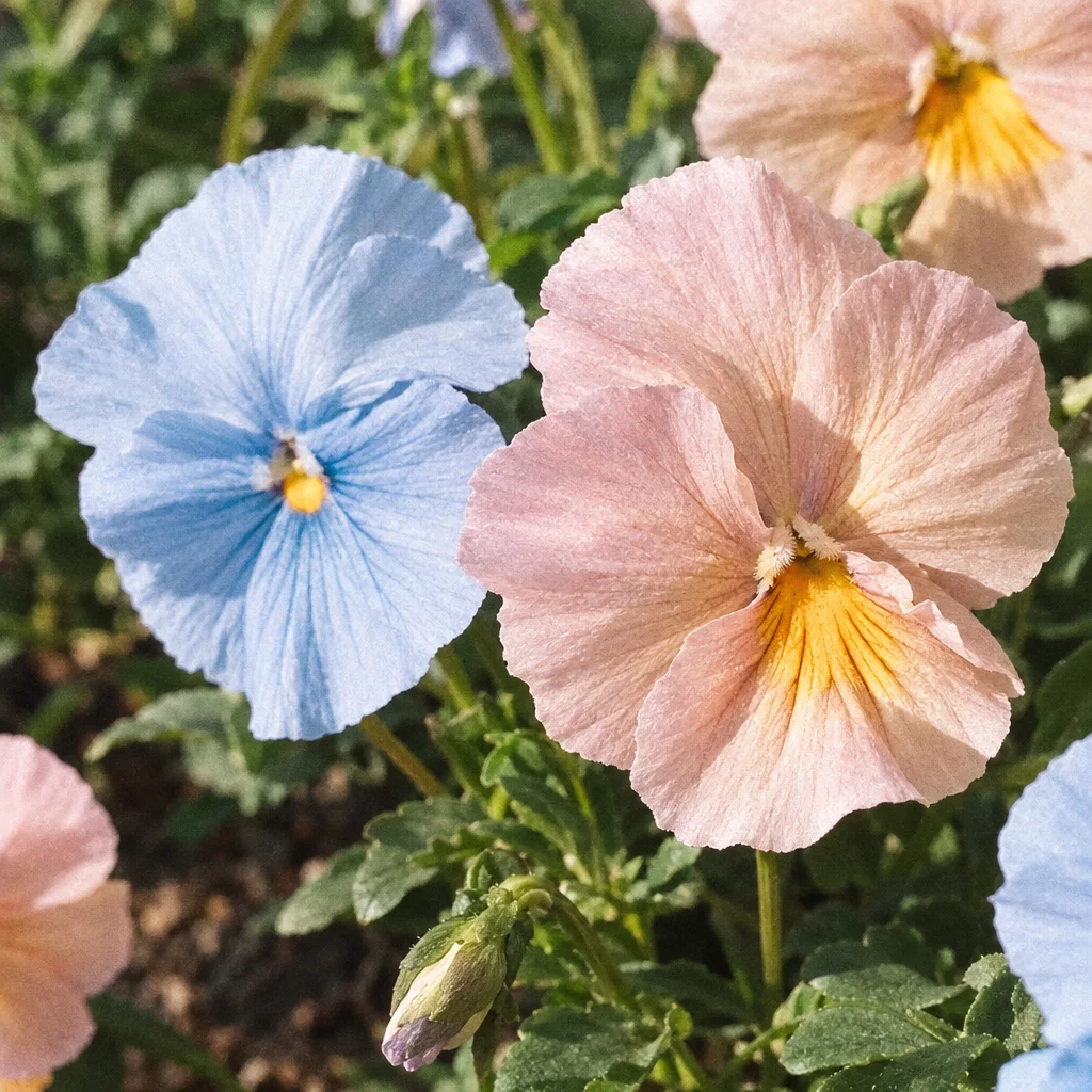 Close-up of pastel pink and light blue pansy flowers blooming in sunlight among green garden foliage.