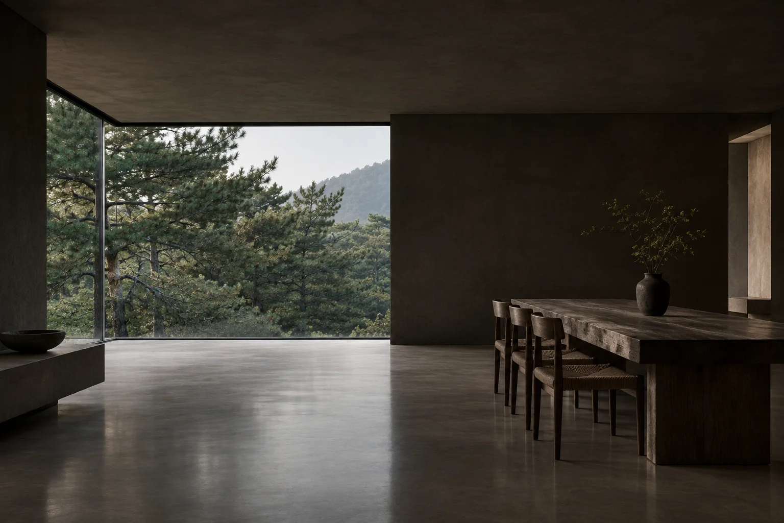 A minimalist dark interior with a heavy timber dining table facing large corner windows that look out into a dense pine forest.