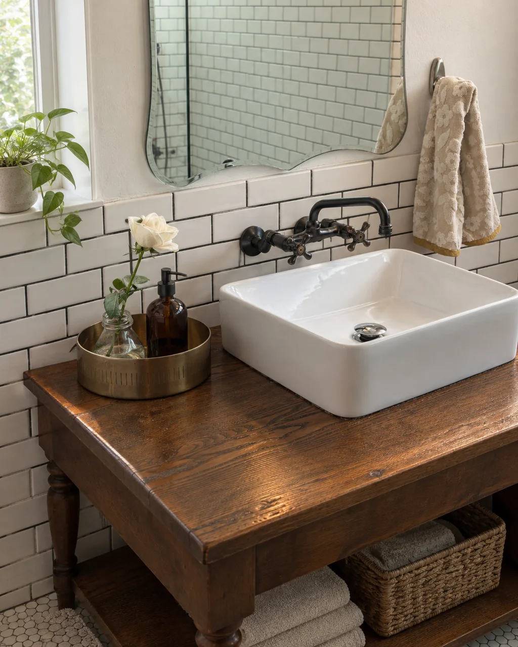 A rustic wooden bathroom vanity with a square ceramic vessel sink, vintage black wall-mounted faucet, white subway tile, and a scalloped mirror.