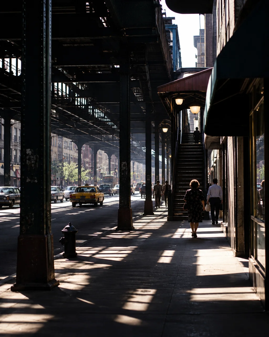 Pedestrians and vintage cars move along a city street beneath the heavy steel shadows of an elevated railway.