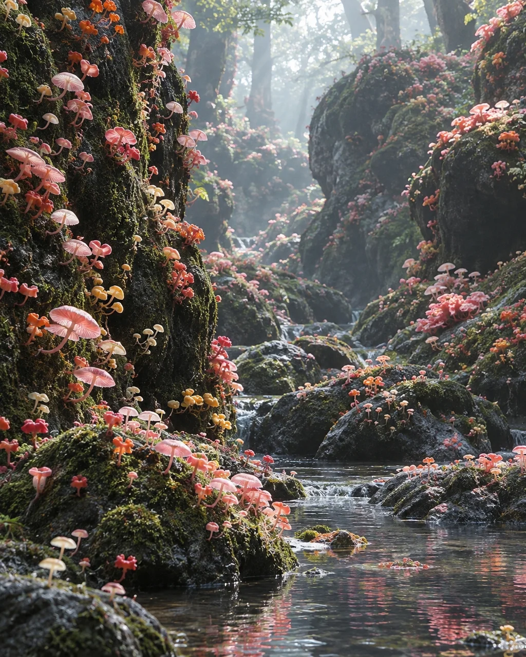 A misty woodland stream winds through dark, mossy boulders blanketed with delicate pink and peach mushrooms under soft forest light.