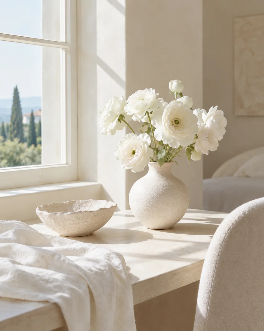 White ranunculus in a textured ceramic vase rest on a sunlit stone table beside a window overlooking the countryside.