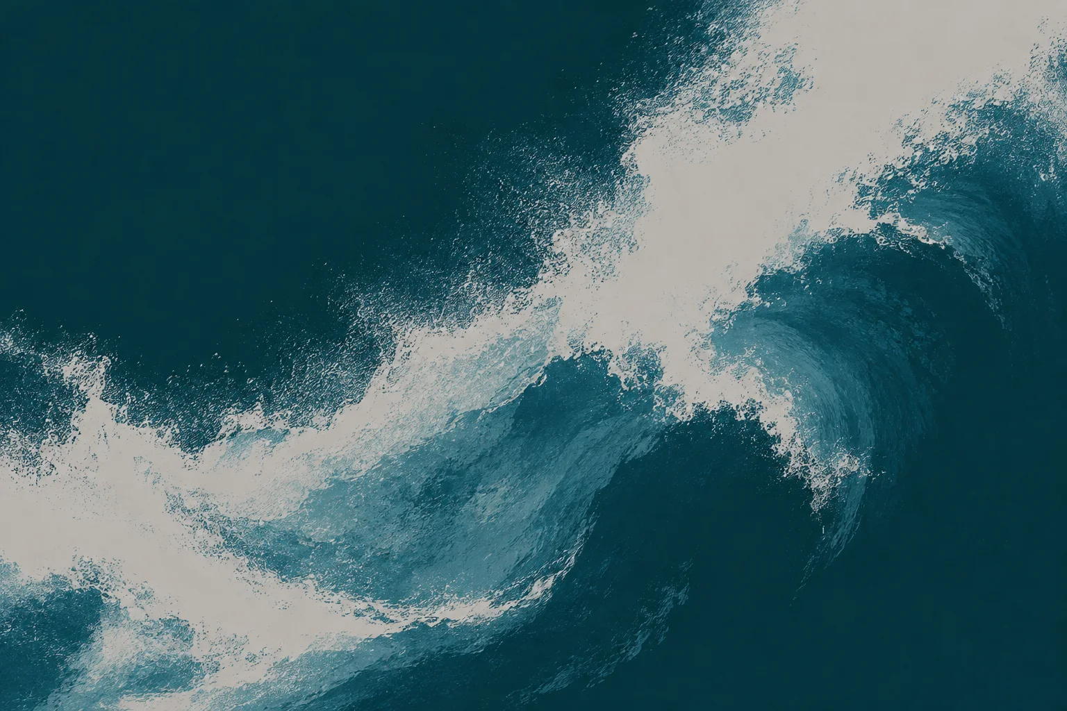 White sea spray and churning foam cut diagonally across deep teal ocean water from an overhead perspective.