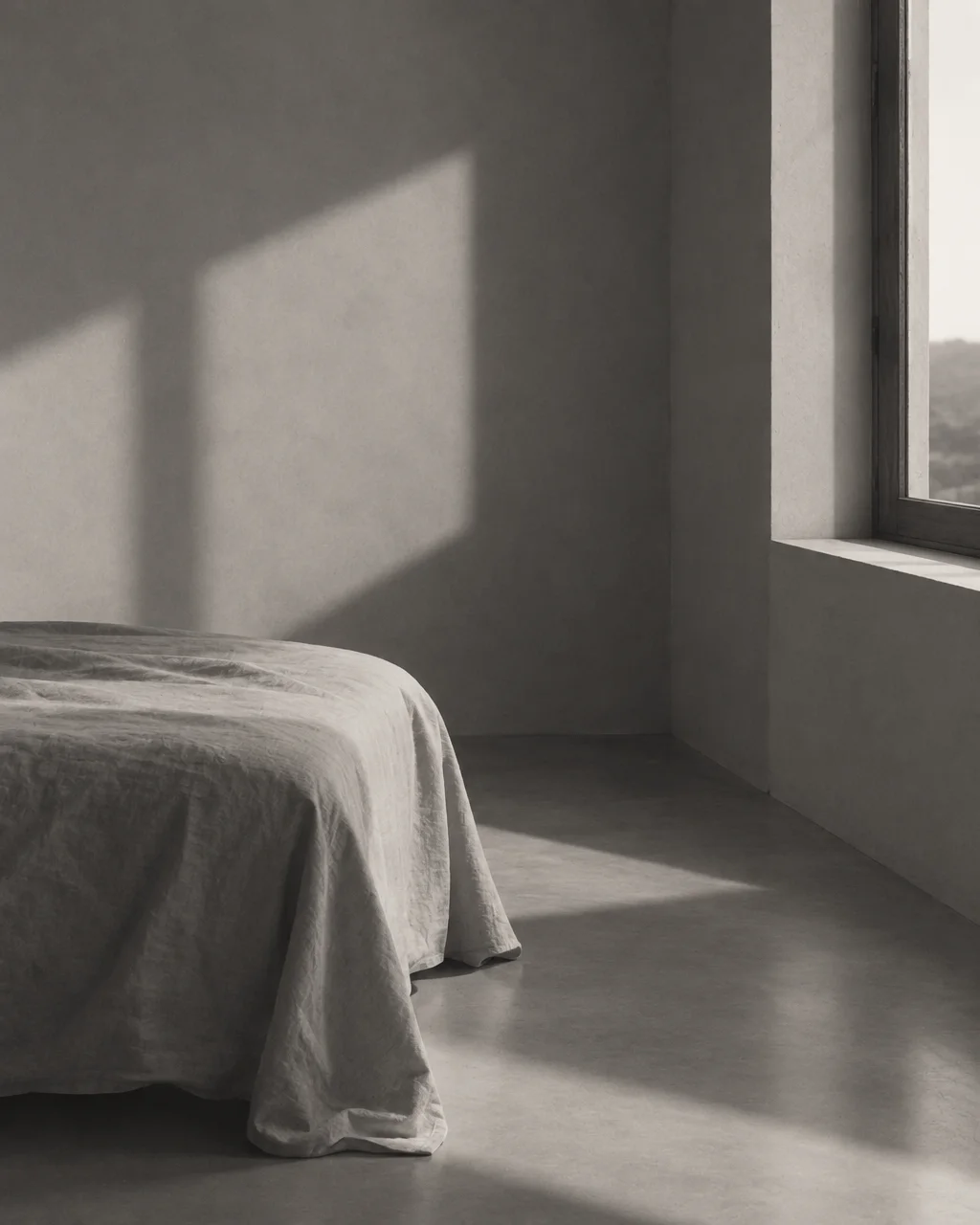 A bed draped in textured linen in a minimalist concrete room with geometric sunlight cast across the wall and floor.