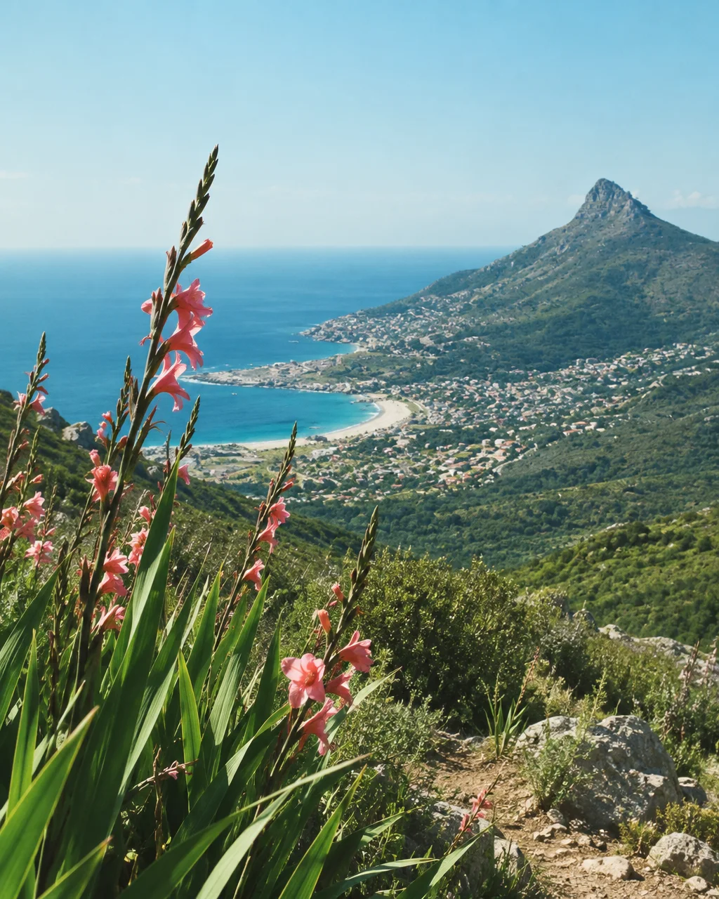 Pink wildflowers blooming on a rugged hillside overlook a wide blue bay, sandy beach, and prominent coastal mountain.