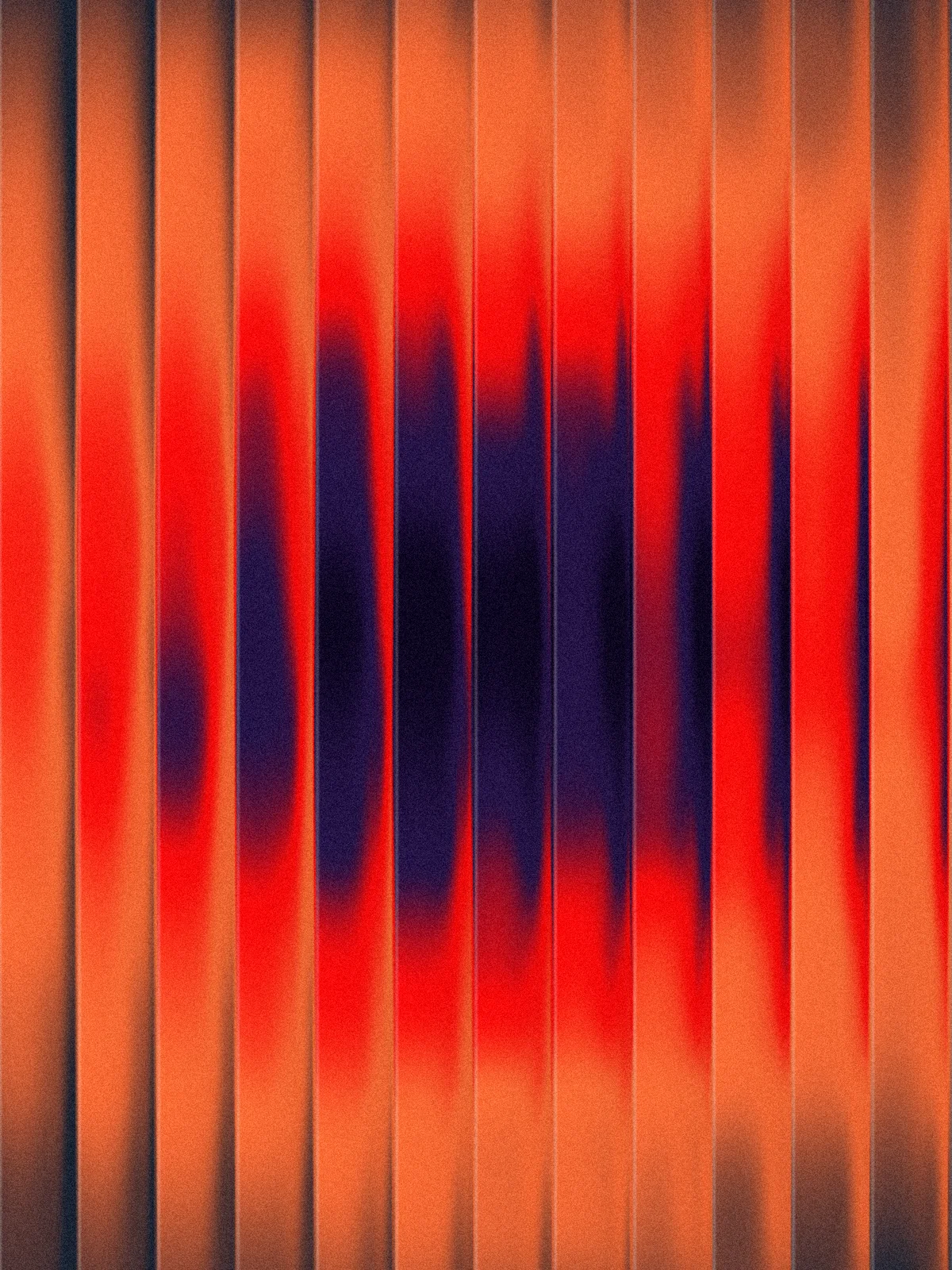 A grainy abstract texture of vertical ribbed panels shifting from fiery orange and red edges into a deep indigo center.