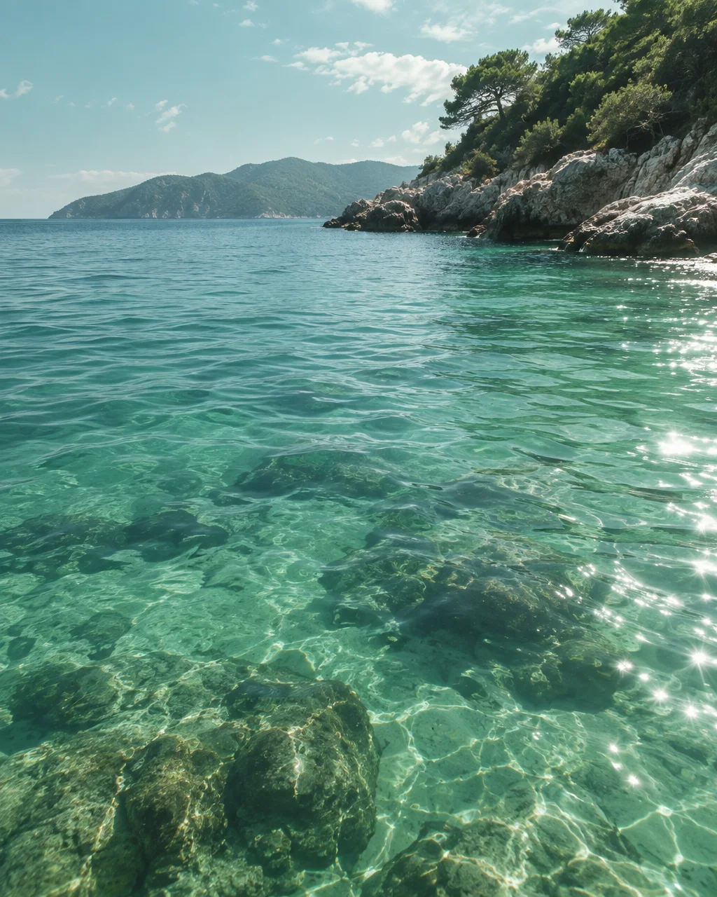 Transparent turquoise sea water over submerged rocks along a rugged, pine-covered coastline on a bright day.