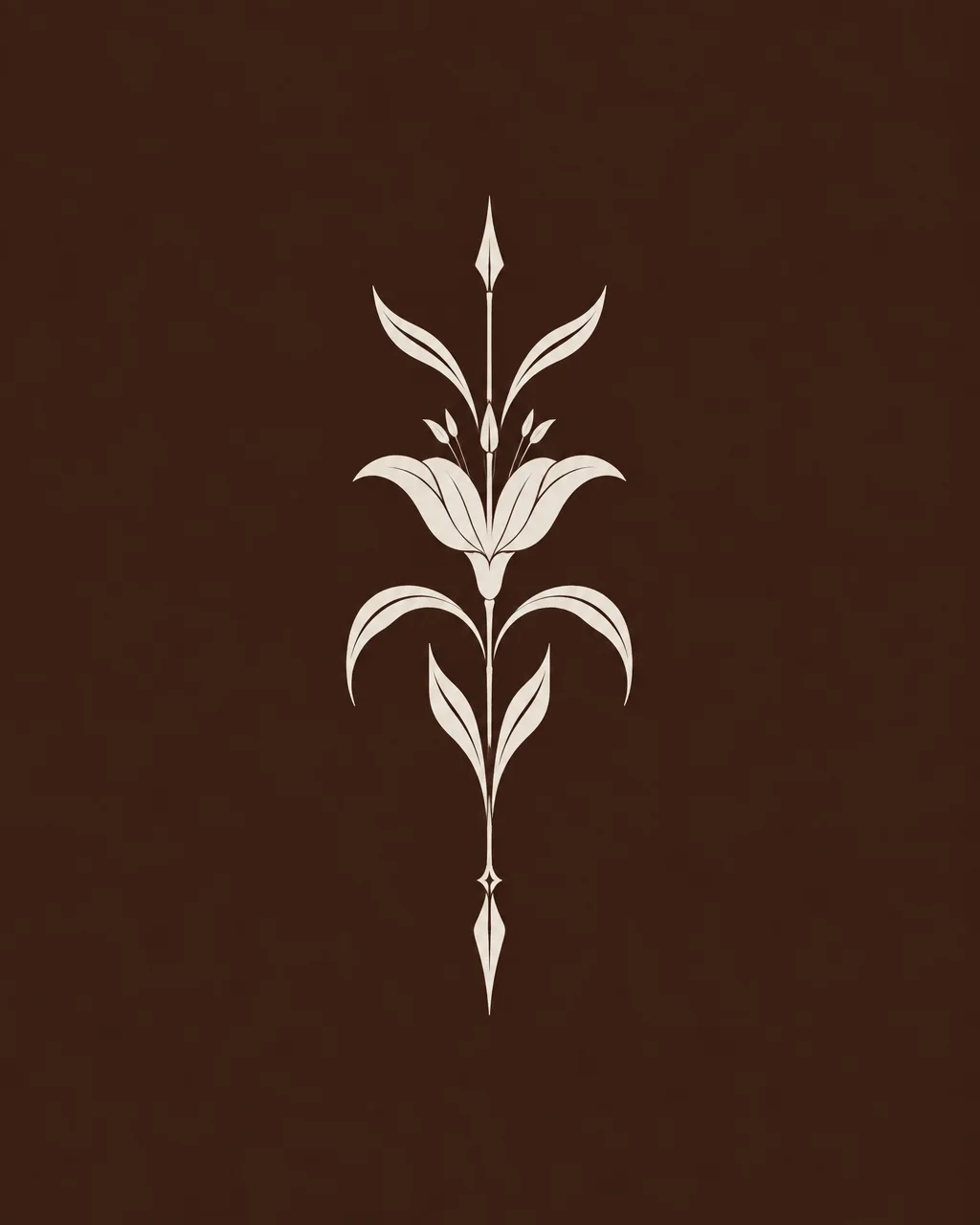 A minimalist cream botanical emblem with symmetrical leaves and flower petals centered on a dark brown textured background.