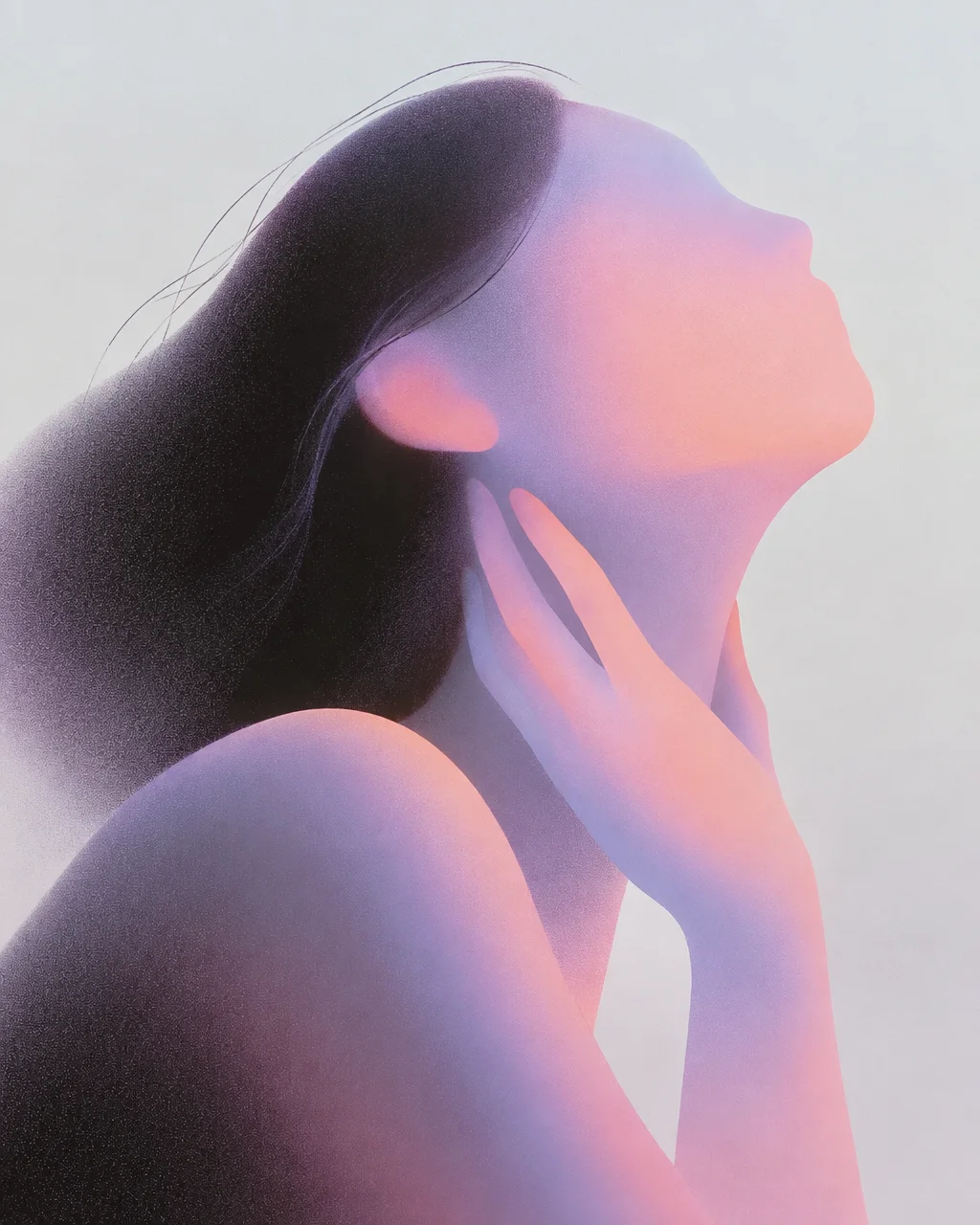 A minimalist digital illustration of a woman in profile looking upward, rendered with soft pink and purple gradients.