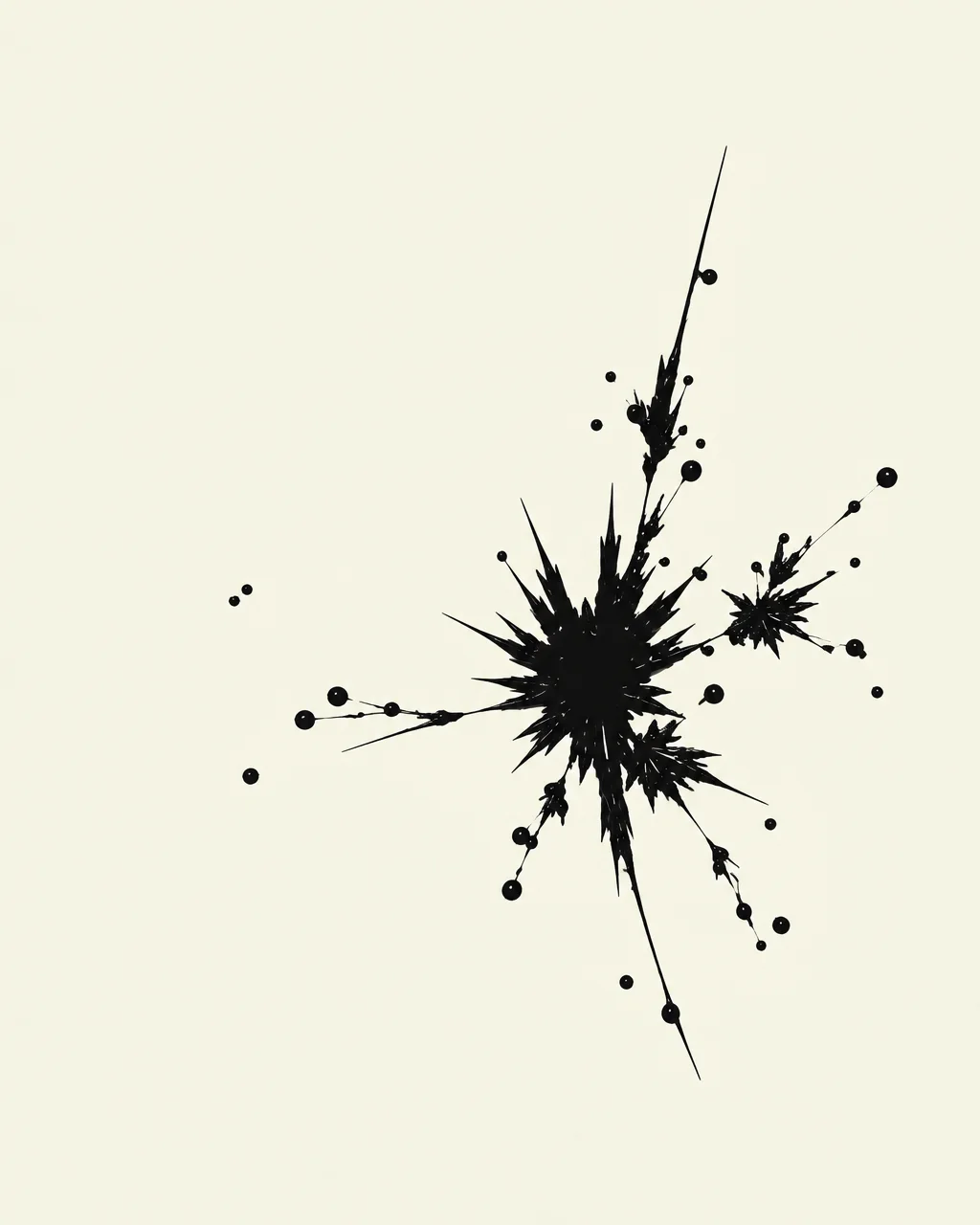 A sharp, spiky black ink splatter with radiating lines and delicate droplets against a solid cream background.
