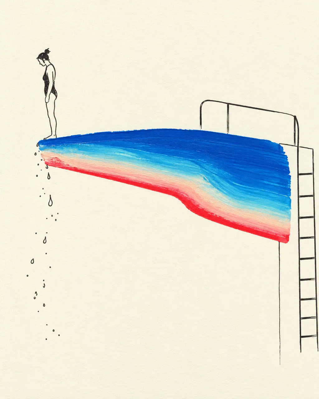 A minimalist line illustration of a swimmer standing at the edge of a diving board rendered in a thick blue and red brushstroke.