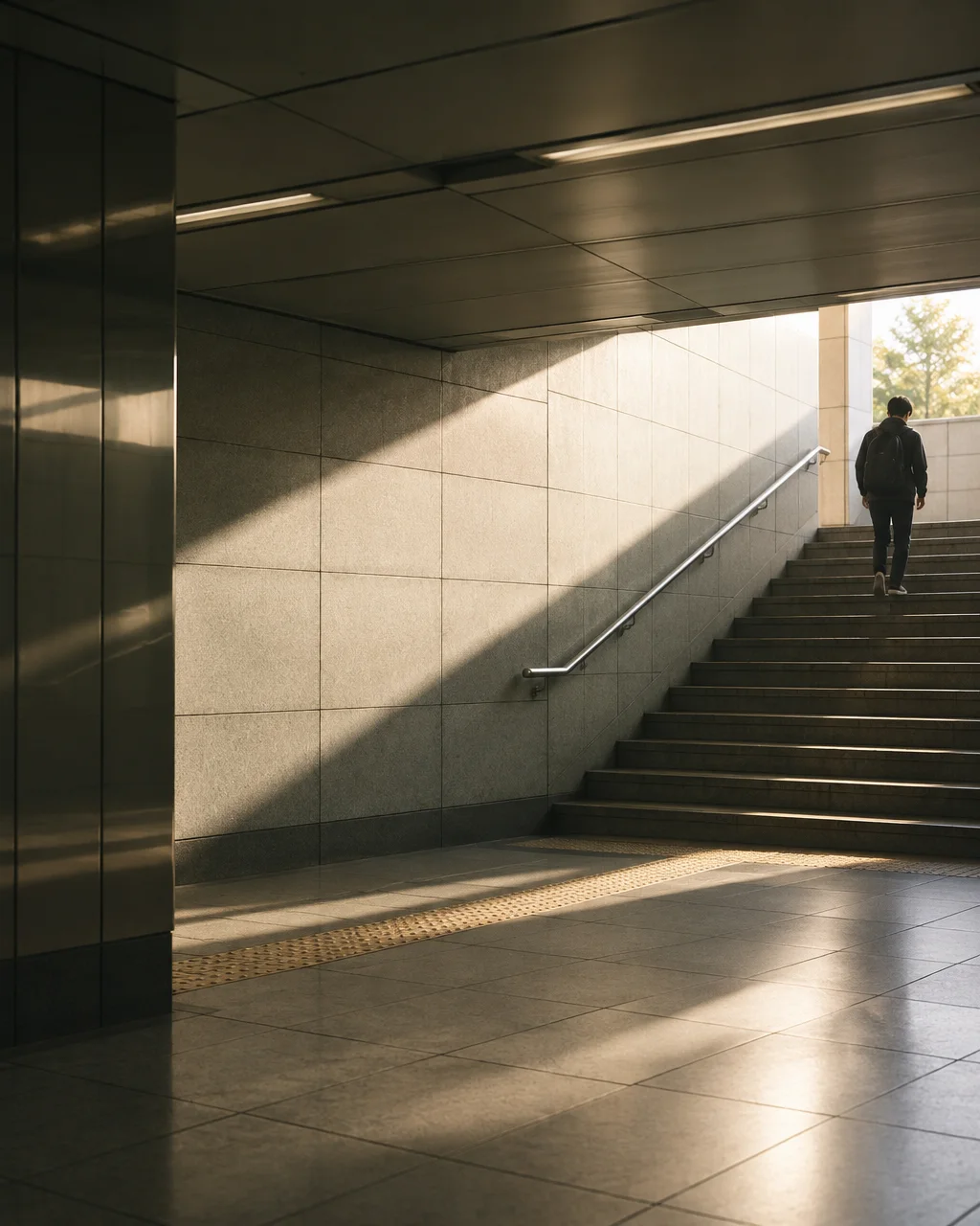 A commuter walks up concrete transit stairs toward warm daylight cutting diagonally across the tiled corridor.