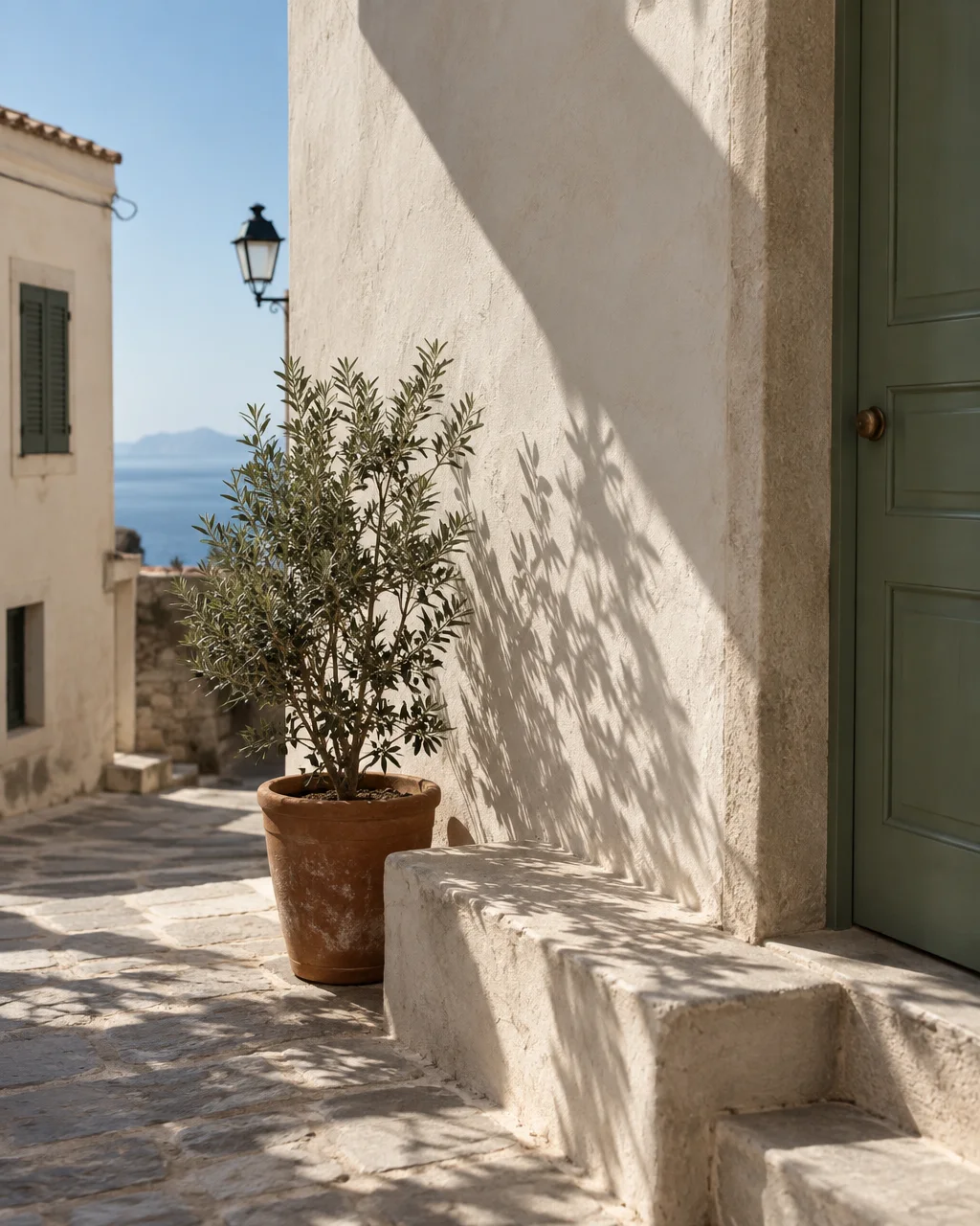 A potted olive tree casts crisp leafy shadows against a sunlit stucco wall in a coastal village street.