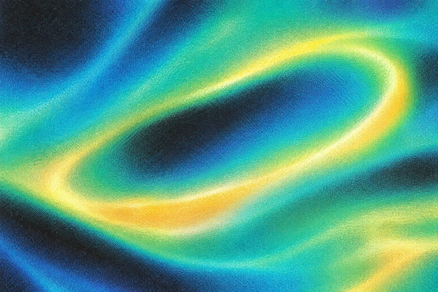 A grainy abstract gradient with luminous yellow curves blending into fluid waves of teal, cyan, and deep blue.