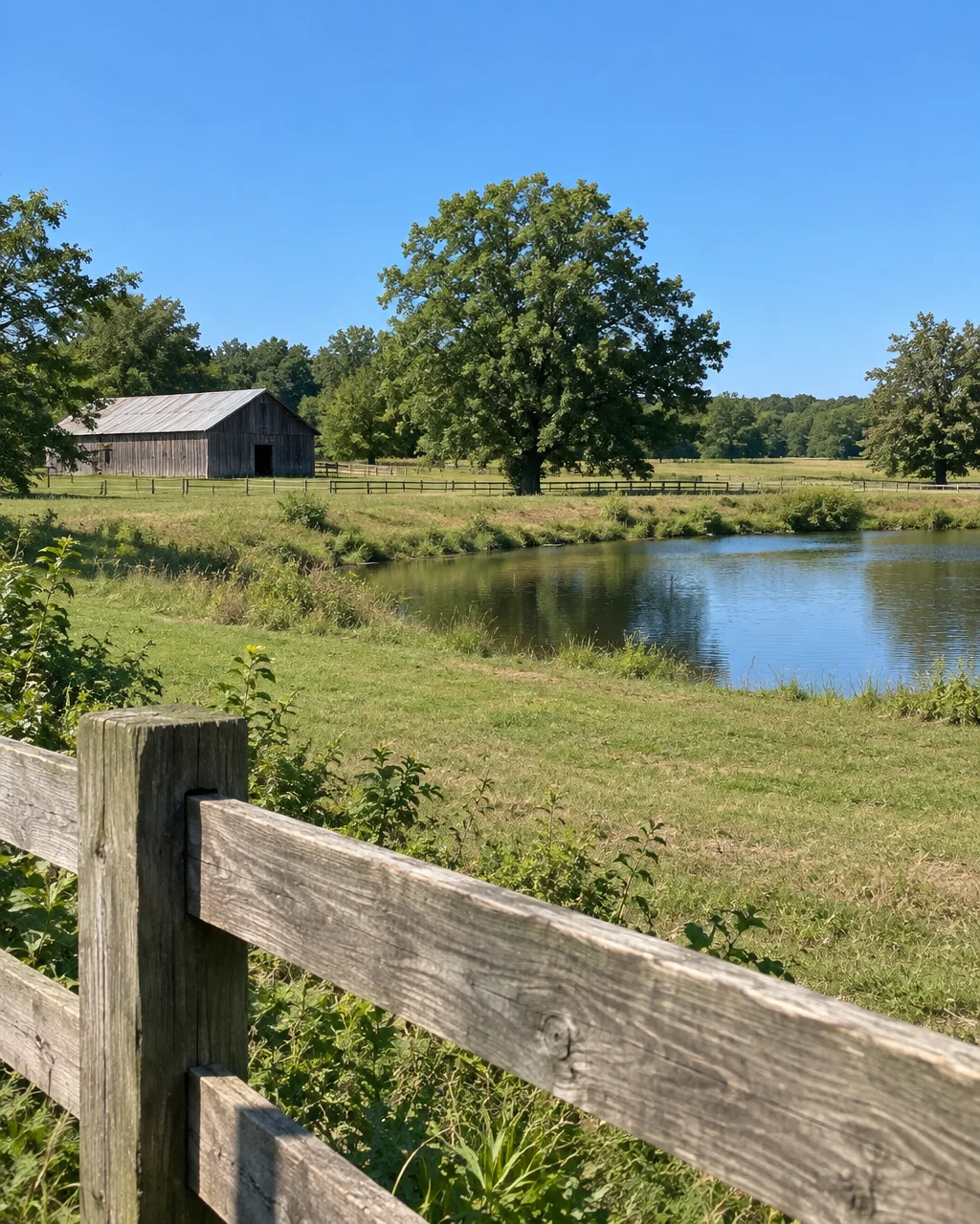 A weathered wooden barn sits across a calm farm pond surrounded by green pastures and mature trees under a clear blue sky.