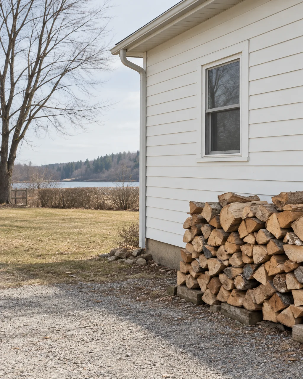 A neat stack of split firewood rests against the white clapboard wall of a rural house overlooking a distant lake.