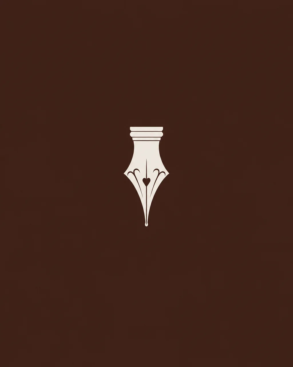 A minimalist cream illustration of a fountain pen nib centered against a flat, deep brown background.