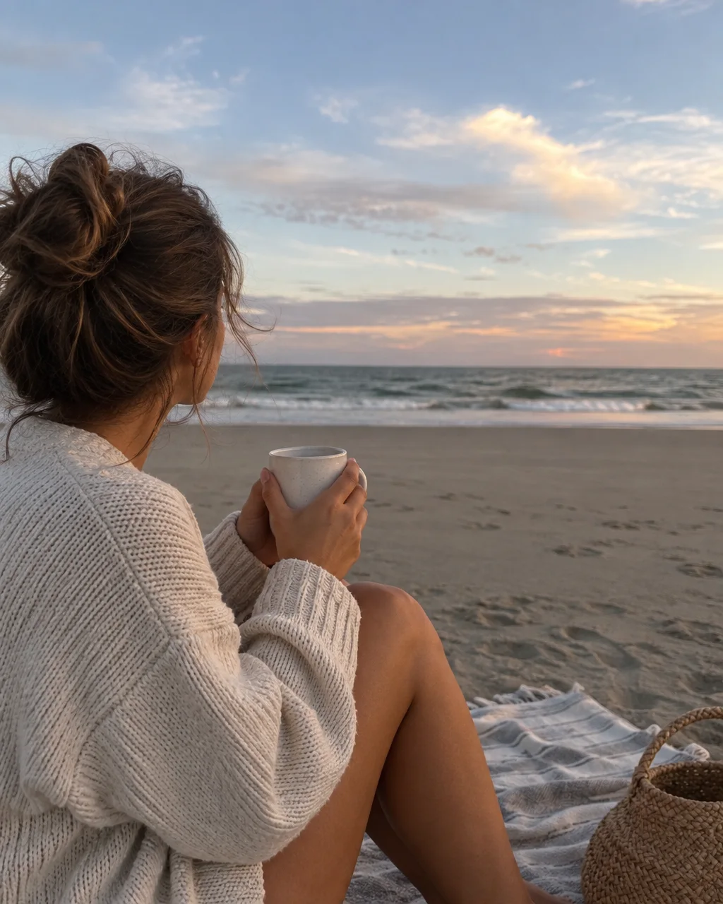 A woman in a cream knit sweater sits on a sandy beach holding a mug, looking out at the calm ocean at dusk.