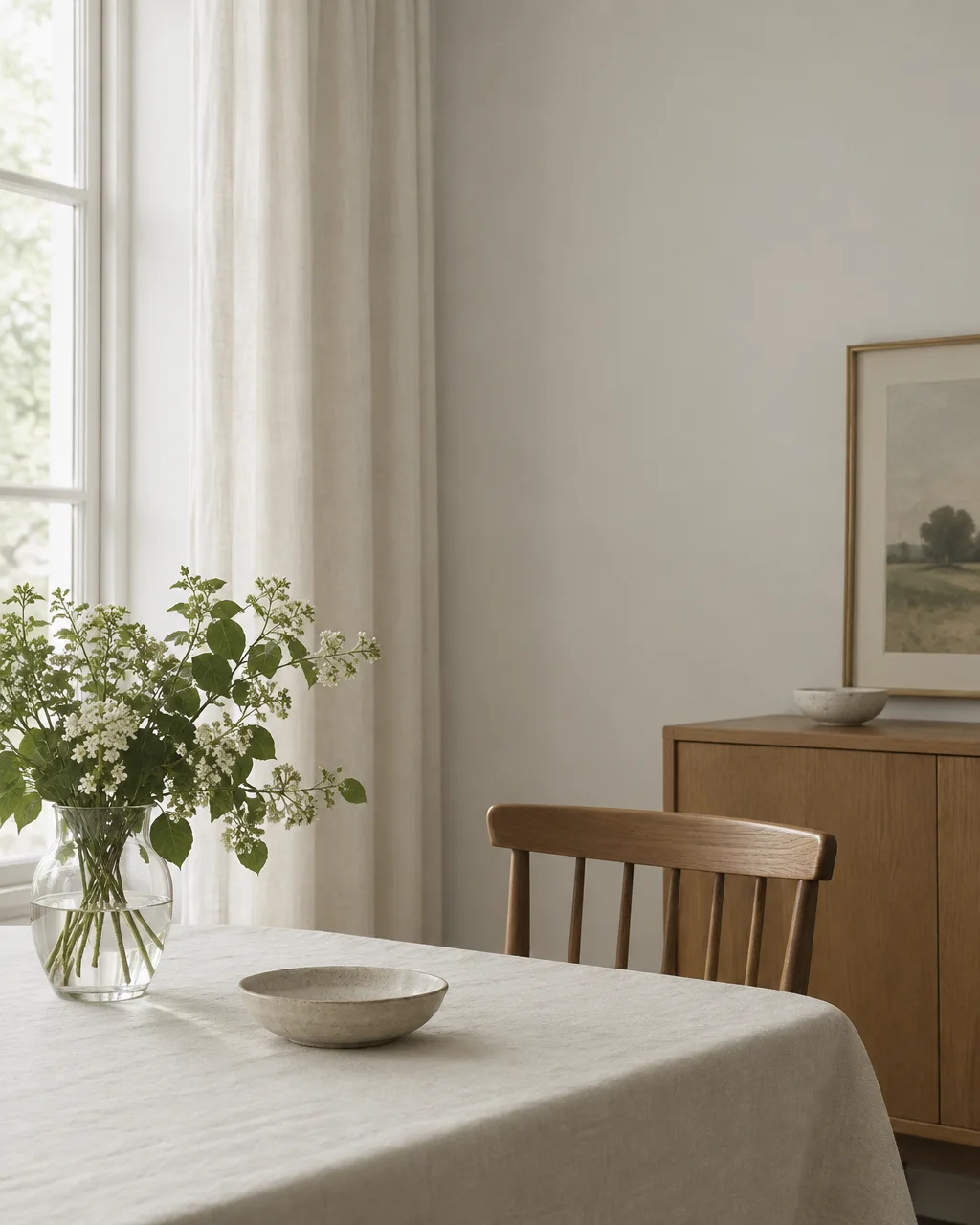 A glass vase of white lilacs and a ceramic bowl rest on a linen-covered table beside a wooden chair in soft daylight.