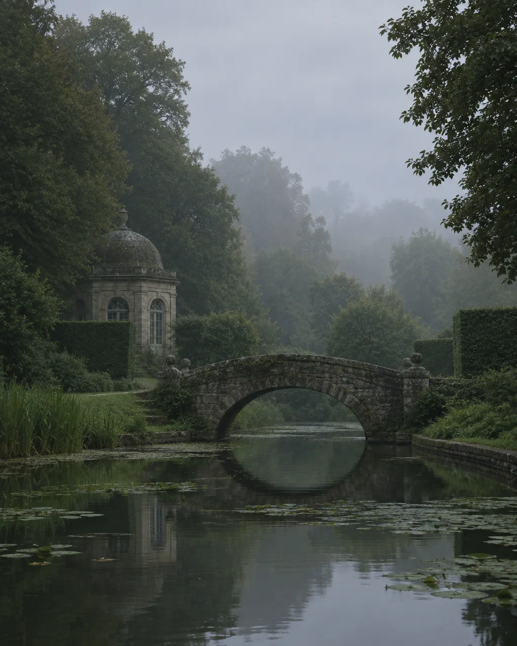 A stone arch bridge and classical domed pavilion reflected in a calm canal surrounded by misty trees.