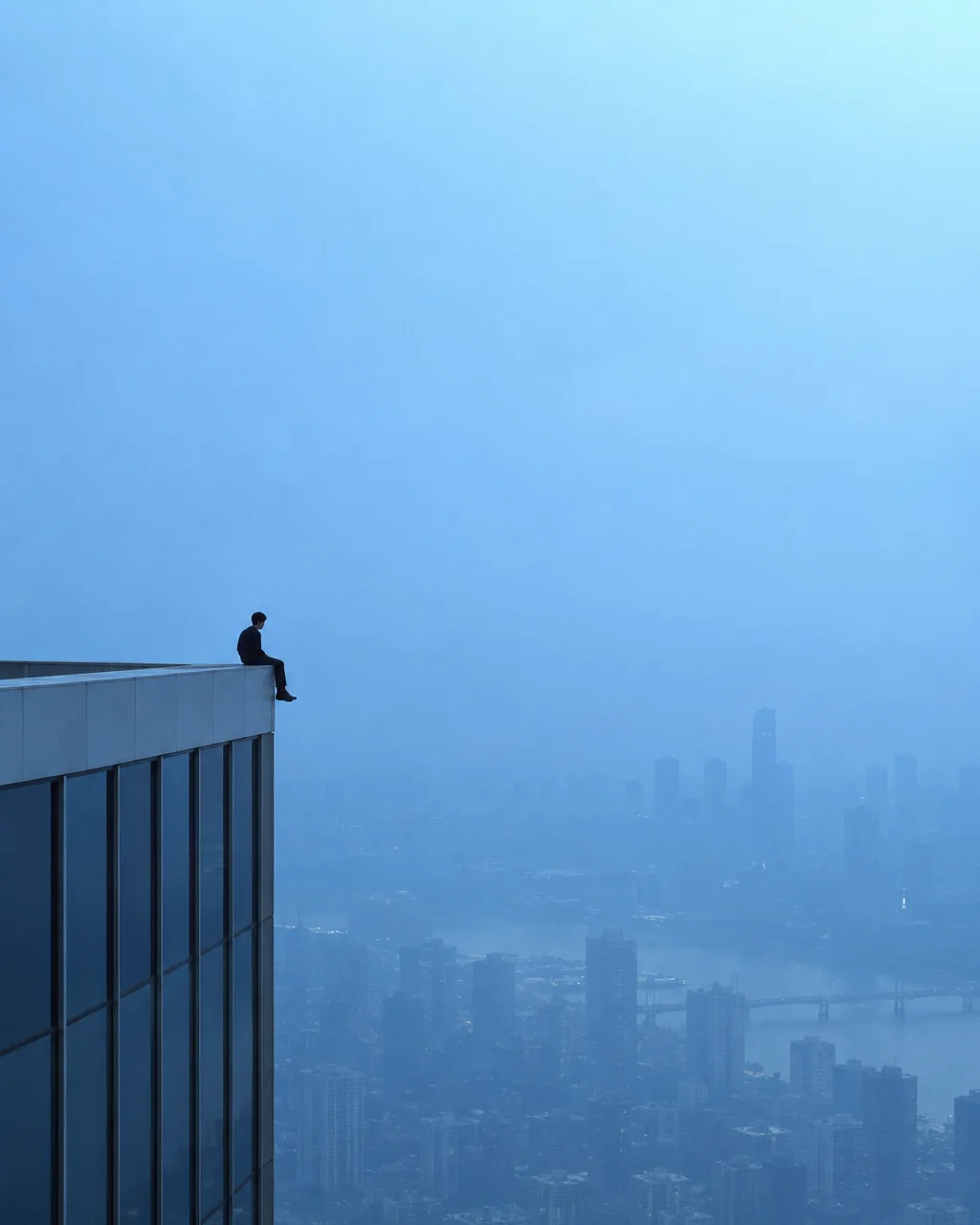 A silhouette of a person sits on the roof ledge of a skyscraper overlooking a vast hazy blue cityscape.