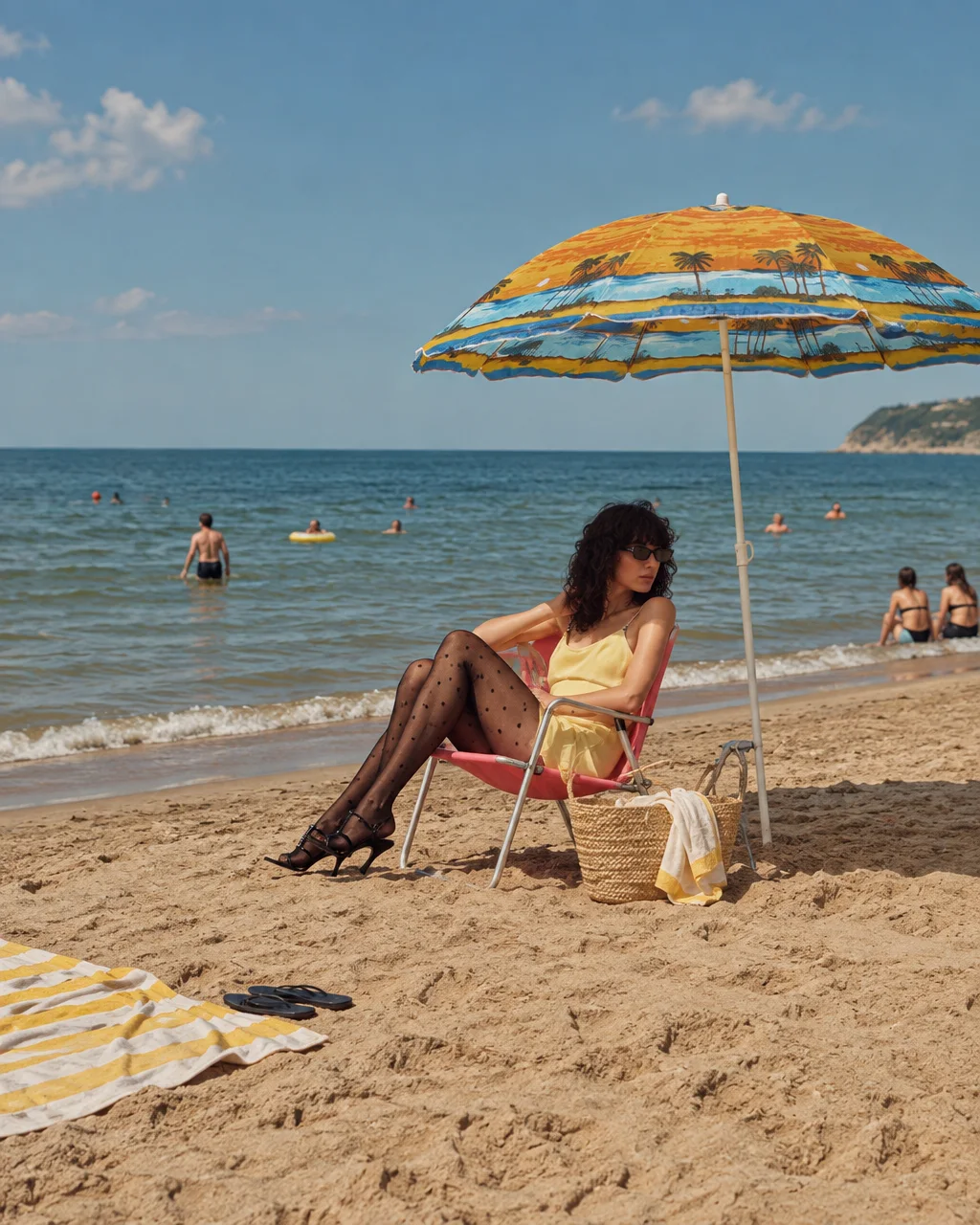 A woman dressed in a yellow slip dress, sheer polka-dot tights, and heels reclines under a bright umbrella on a summer beach.