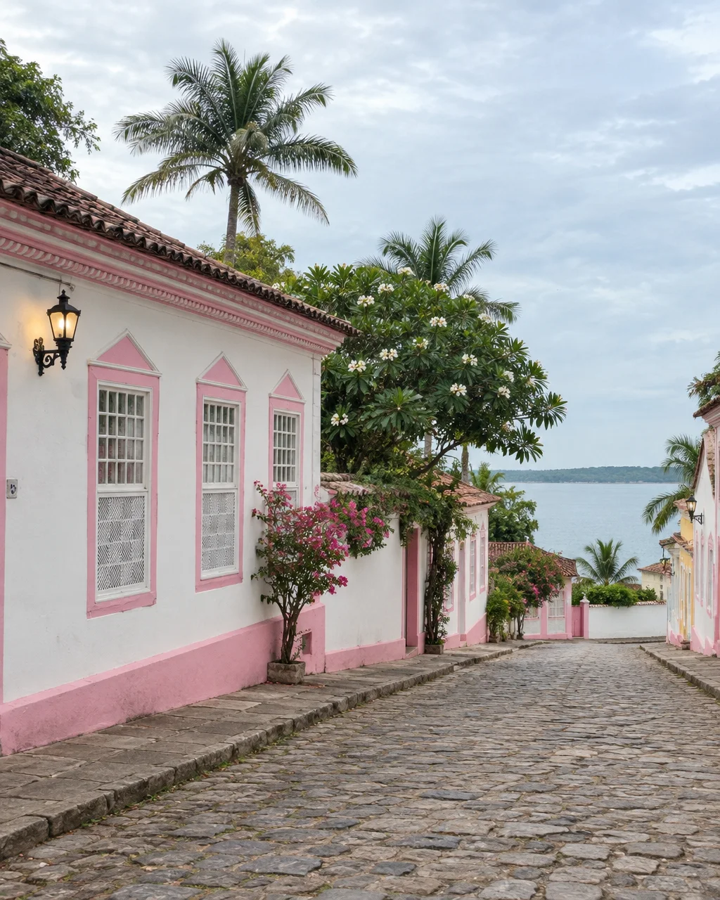 A cobblestone street slopes down past white colonial houses with pink trim toward the sea and palm trees under a pale sky.