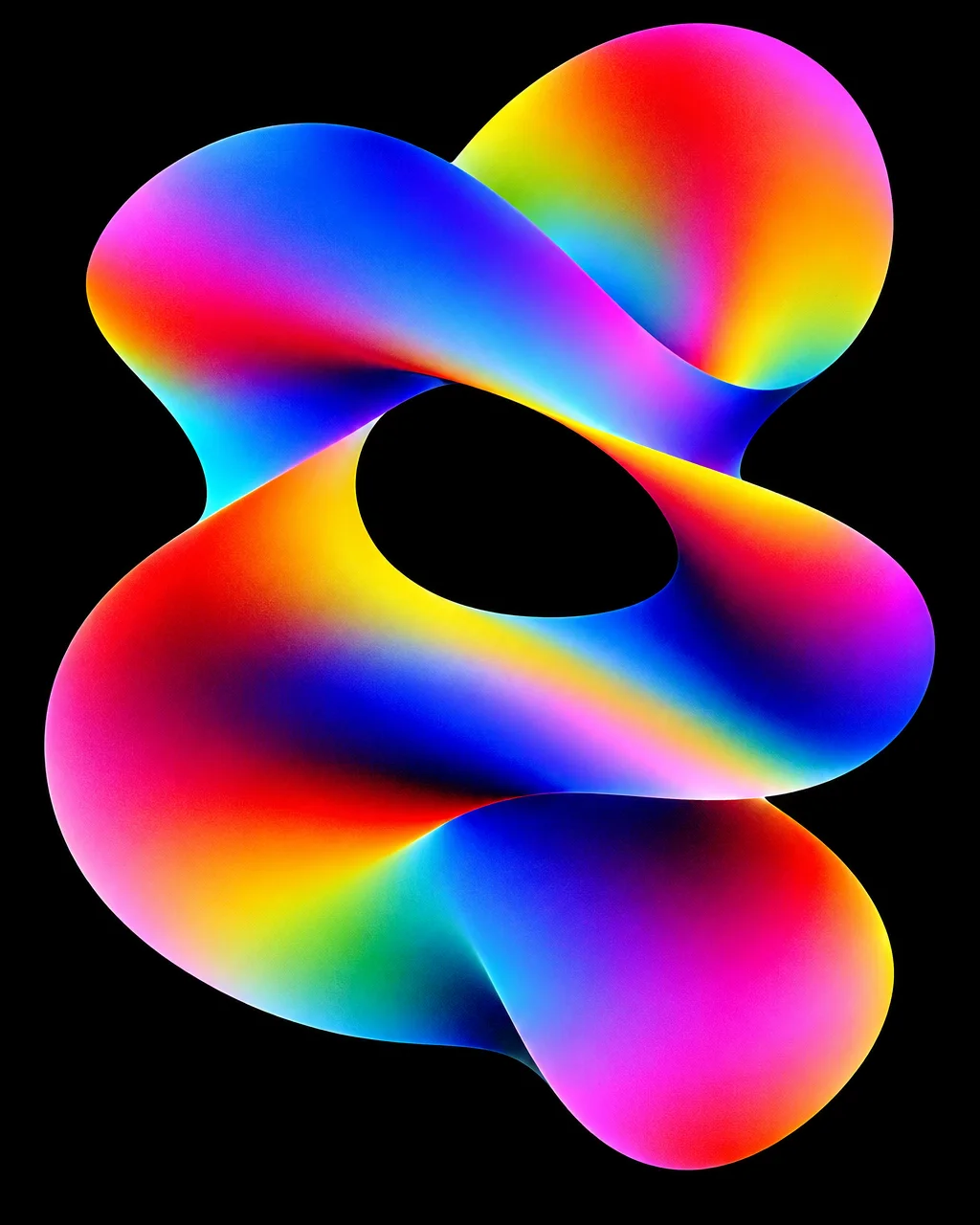 A smooth, continuous abstract geometric shape rendered with a vivid rainbow spectrum gradient against a pitch black background.