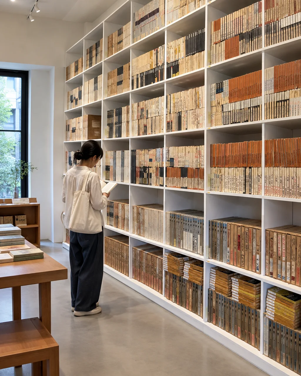 A person stands reading before towering white bookshelves filled with vintage paperbacks in a bright modern space.