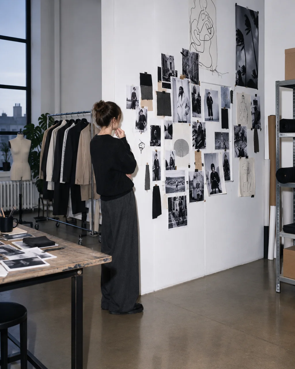 A designer stands in a bright loft studio, contemplating a tall white wall pinned with monochrome reference photographs, sketches, and fabric swatches.