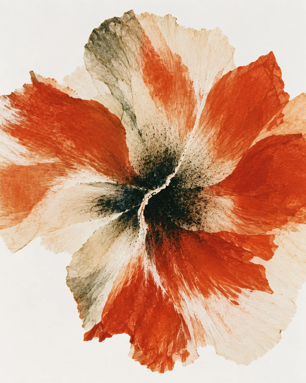 A textured botanical monoprint of an open poppy bloom in orange, ochre, and black ink on a pale background.